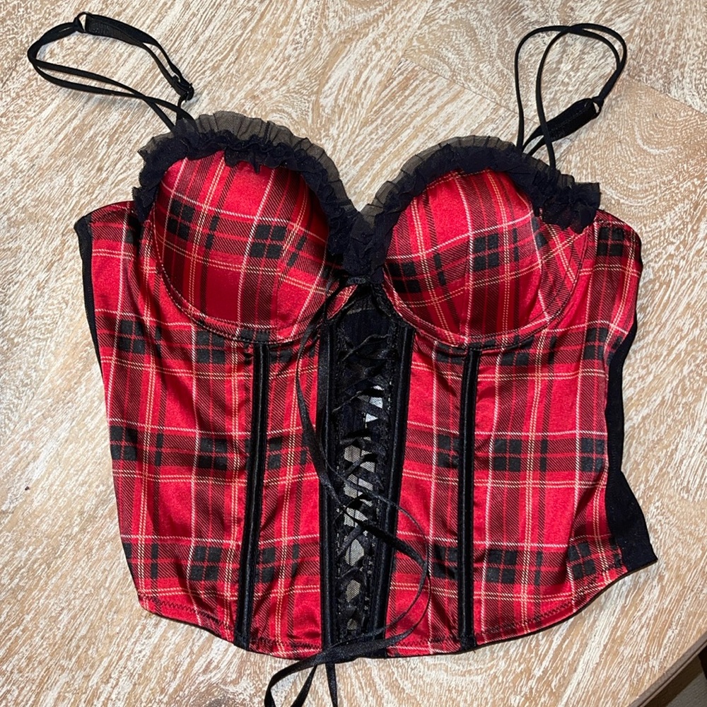 DELICATES corset bustier red plaid black top 34A